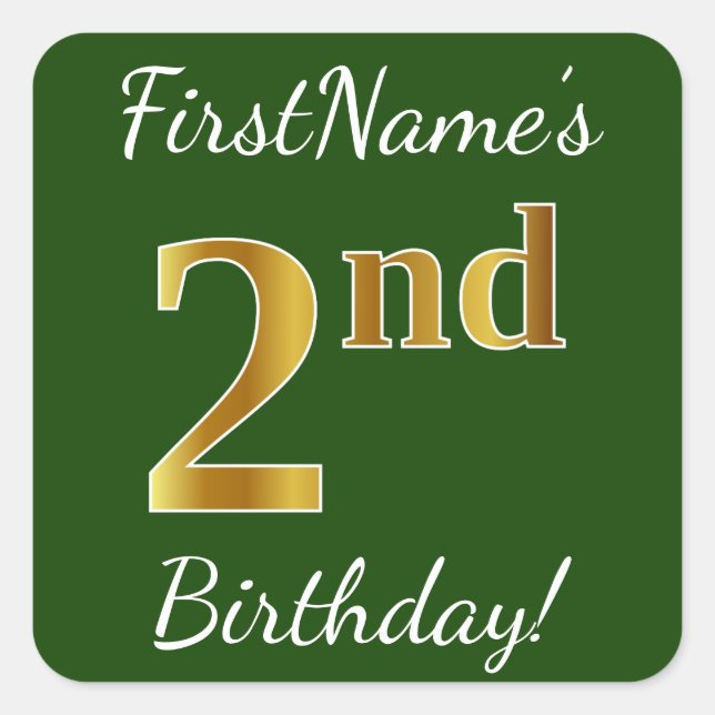 Green, Faux Gold 2nd Birthday + Custom Name Square Sticker (Front)