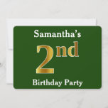 [ Thumbnail: Green, Faux Gold 2nd Birthday Party + Custom Name Invitation ]