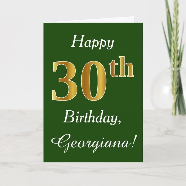 Green, Faux Gold 30th Birthday + Custom Name Card (Front)