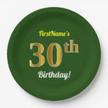 [ Thumbnail: Green, Faux Gold 30th Birthday + Custom Name Paper Plates ]