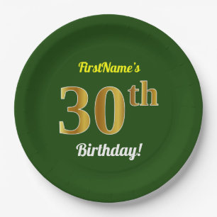 Green, Faux Gold 30th Birthday + Custom Name Paper Plates