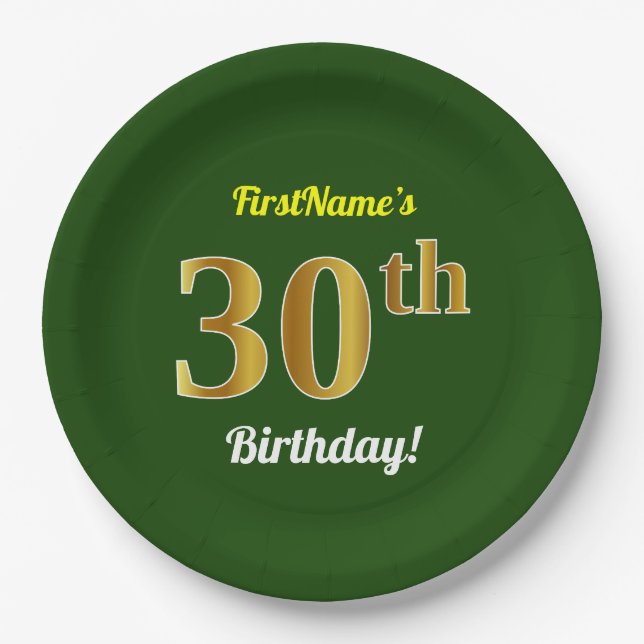 Green, Faux Gold 30th Birthday + Custom Name Paper Plates (Front)