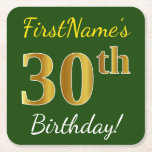 [ Thumbnail: Green, Faux Gold 30th Birthday + Custom Name Paper Coaster ]