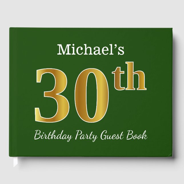 Green, Faux Gold 30th Birthday Party + Custom Name Guest Book (Front)