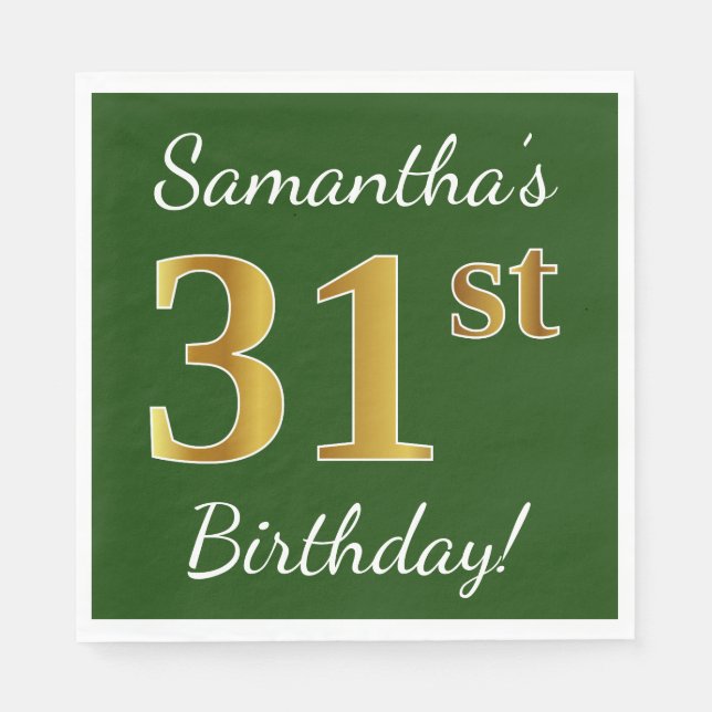 Green, Faux Gold 31st Birthday + Custom Name Napkins (Front)