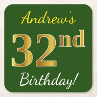 Green, Faux Gold 32nd Birthday + Custom Name