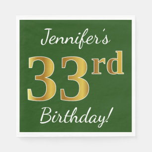 Green, Faux Gold 33rd Birthday + Custom Name Napkins