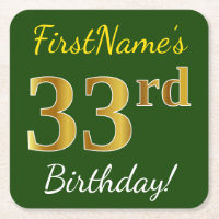 Green, Faux Gold 33rd Birthday + Custom Name