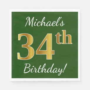 Green, Faux Gold 34th Birthday + Custom Name Napkins