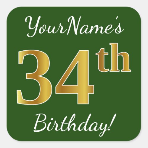 Green Faux Gold 34th Birthday  Custom Name Square Sticker