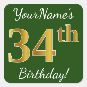 Green, Faux Gold 34th Birthday + Custom Name Square Sticker