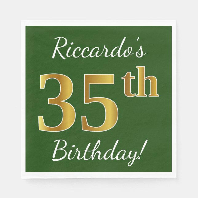 Green, Faux Gold 35th Birthday + Custom Name Paper Napkins (Front)