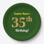 [ Thumbnail: Green, Faux Gold 35th Birthday + Custom Name Paper Plates ]