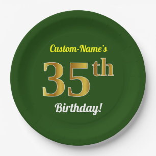 Green, Faux Gold 35th Birthday + Custom Name Paper Plates