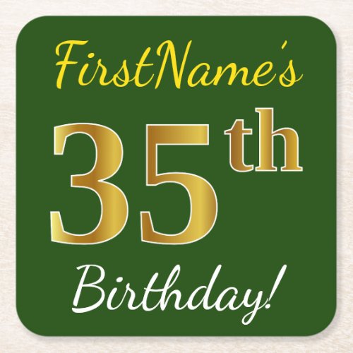 Green Faux Gold 35th Birthday  Custom Name Square Paper Coaster