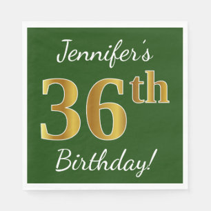 Green, Faux Gold 36th Birthday + Custom Name Napkins