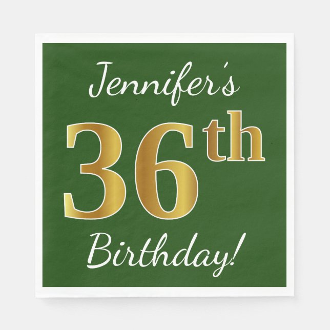 Green, Faux Gold 36th Birthday + Custom Name Napkins (Front)