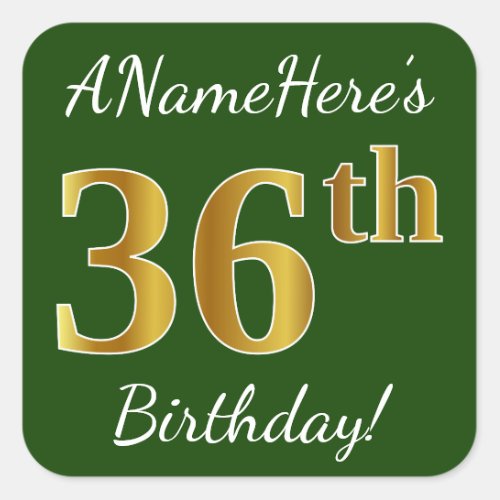 Green Faux Gold 36th Birthday  Custom Name Square Sticker