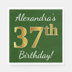 Green, Faux Gold 37th Birthday + Custom Name Napkins