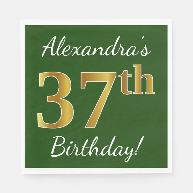 Green, Faux Gold 37th Birthday + Custom Name Napkins (Front)