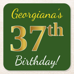Green, Faux Gold 37th Birthday + Custom Name Square Paper Coaster