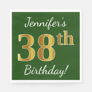 Green, Faux Gold 38th Birthday + Custom Name Napkins
