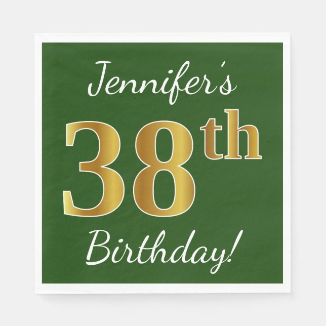 Green, Faux Gold 38th Birthday + Custom Name Napkins (Front)
