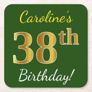 Green, Faux Gold 38th Birthday + Custom Name Square Paper Coaster