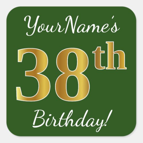 Green Faux Gold 38th Birthday  Custom Name Square Sticker