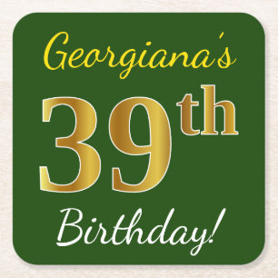 Green, Faux Gold 39th Birthday + Custom Name Square Paper Coaster