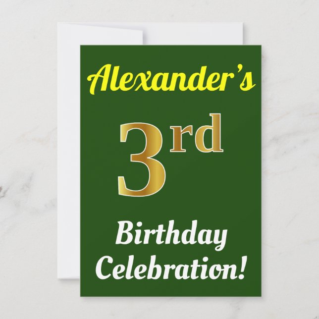 Green, Faux Gold 3rd Birthday Celebration + Name Invitation (Front)