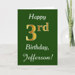 [ Thumbnail: Green, Faux Gold 3rd Birthday + Custom Name Card ]