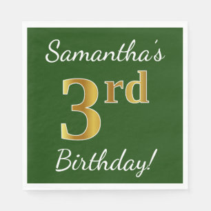 Green, Faux Gold 3rd Birthday + Custom Name Napkins