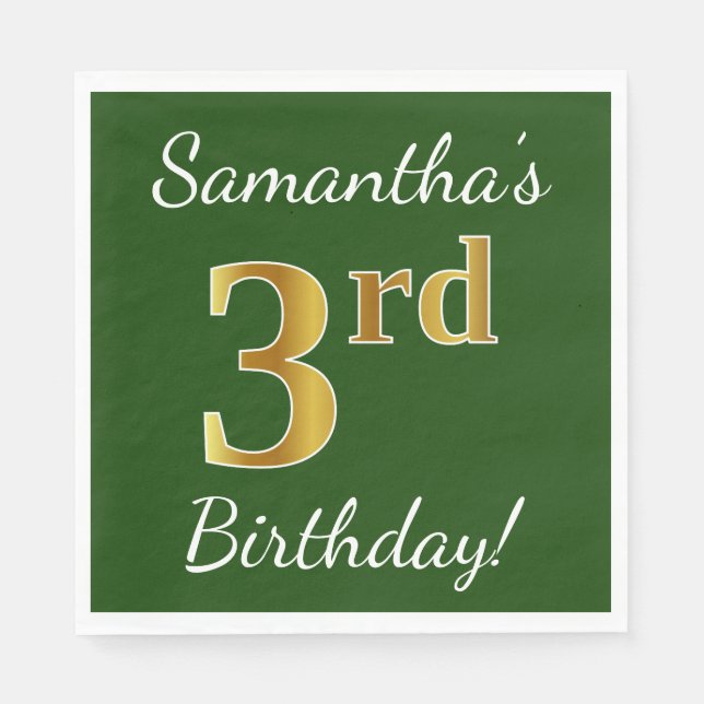 Green, Faux Gold 3rd Birthday + Custom Name Napkins (Front)