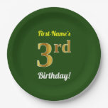 [ Thumbnail: Green, Faux Gold 3rd Birthday + Custom Name Paper Plates ]