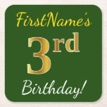 [ Thumbnail: Green, Faux Gold 3rd Birthday + Custom Name Paper Coaster ]