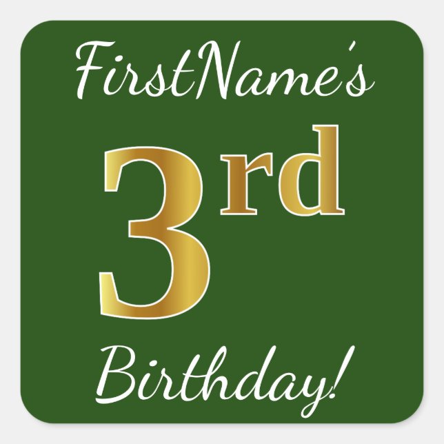 Green, Faux Gold 3rd Birthday + Custom Name Square Sticker (Front)