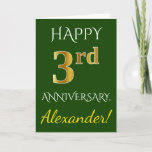[ Thumbnail: Green, Faux Gold 3rd Wedding Anniversary + Name Card ]