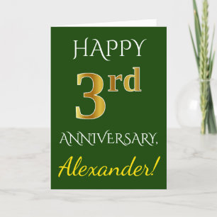 Green, Faux Gold 3rd Wedding Anniversary + Name Card