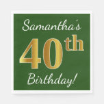 [ Thumbnail: Green, Faux Gold 40th Birthday + Custom Name Paper Napkin ]
