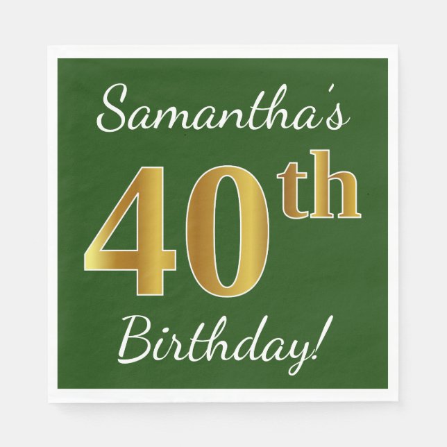 Green, Faux Gold 40th Birthday + Custom Name Paper Napkins (Front)