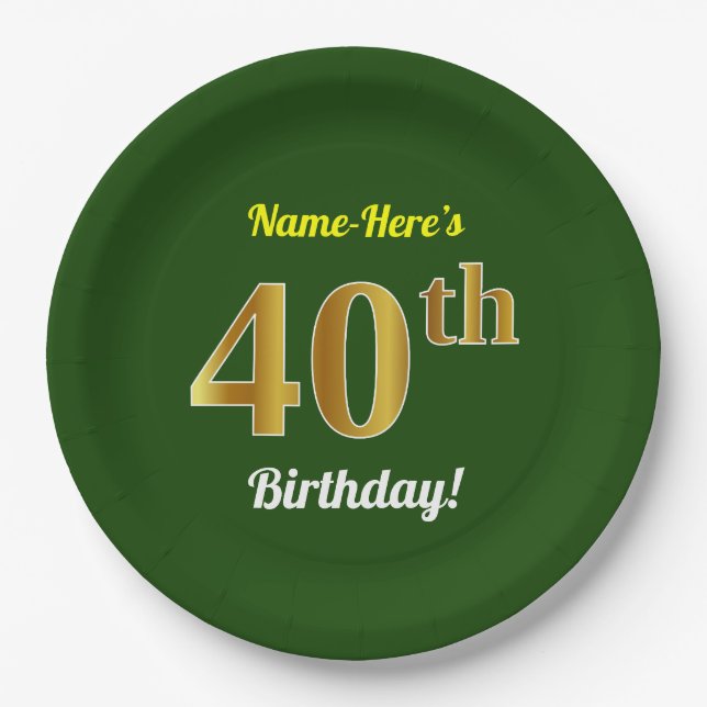 Green, Faux Gold 40th Birthday + Custom Name Paper Plates (Front)