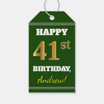 [ Thumbnail: Green, Faux Gold 41st Birthday + Custom Name Gift Tags ]