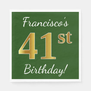 Green, Faux Gold 41st Birthday + Custom Name Napkins