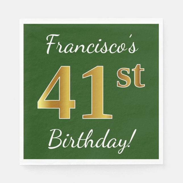 Green, Faux Gold 41st Birthday + Custom Name Napkins (Front)
