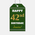 [ Thumbnail: Green, Faux Gold 42nd Birthday + Custom Name Gift Tags ]