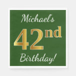 [ Thumbnail: Green, Faux Gold 42nd Birthday + Custom Name Napkins ]