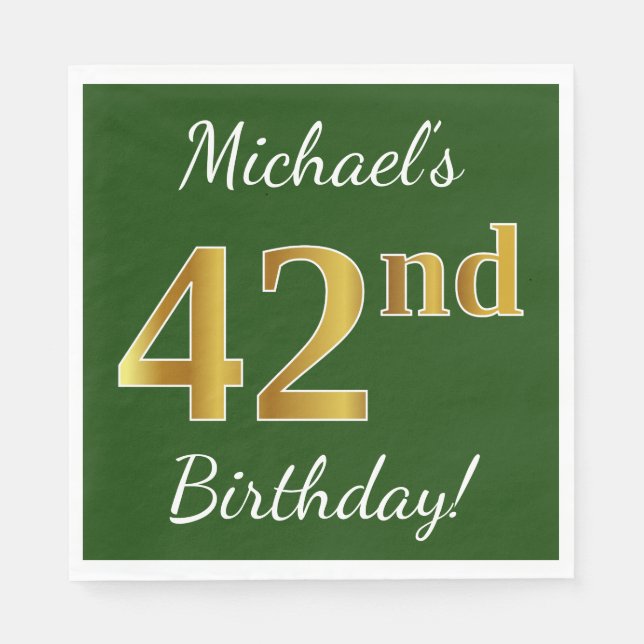 Green, Faux Gold 42nd Birthday + Custom Name Napkins (Front)
