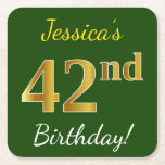 [ Thumbnail: Green, Faux Gold 42nd Birthday + Custom Name Paper Coaster ]