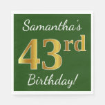 [ Thumbnail: Green, Faux Gold 43rd Birthday + Custom Name Napkin ]